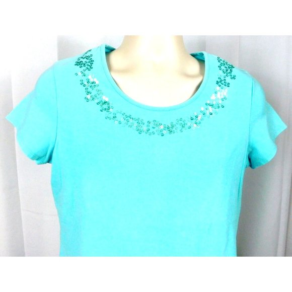 Croft & Barrow Stretch Womans Tee Sequined Neckline Medium Blue - Picture 3 of 7
